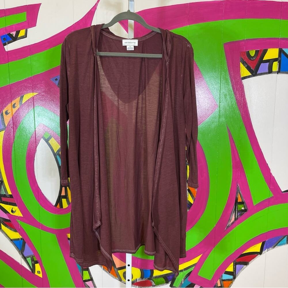 Liz Claiborne, Maroon Long Sleeve Hooded Open Front Sheer Shirt. Size XL.